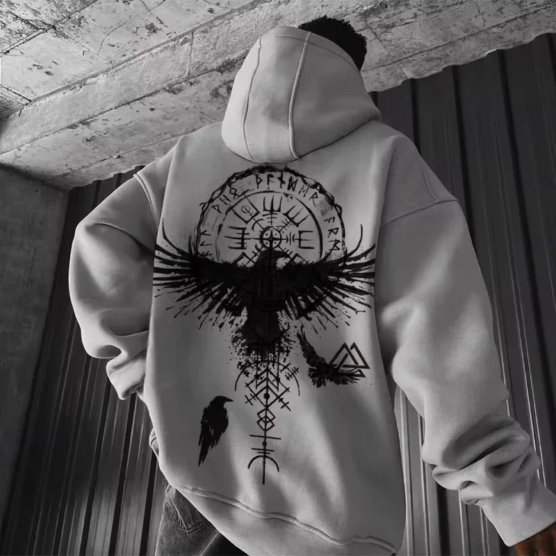 Men's Viking Totem Printed Hooded Sweatshirt Y2K Cotton Hooded Sweatshirt Loose Eagle Pattern Fresh Sport functional Fashionable thumbnail 3