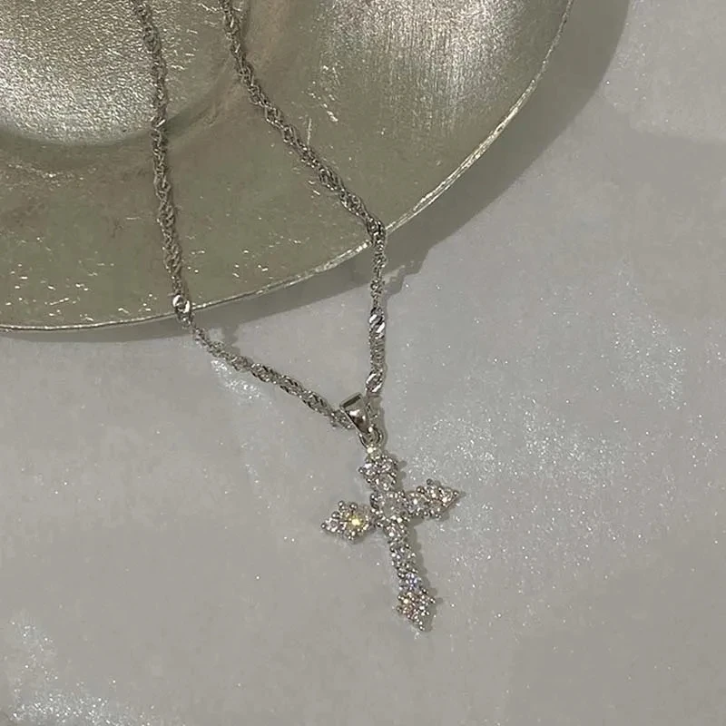 Shiny Crystal Zircon Cross Pendant Necklace for Women Girls Punk Silver Color Thin Chain Necklace Party Jewelry Birthday Gift thumbnail 6