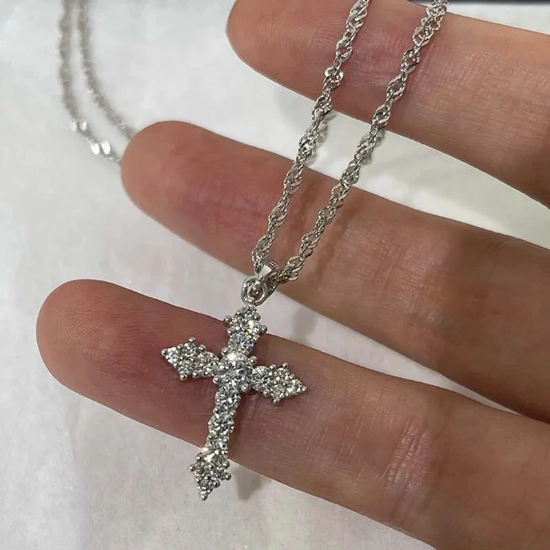 Shiny Crystal Zircon Cross Pendant Necklace for Women Girls Punk Silver Color Thin Chain Necklace Party Jewelry Birthday Gift thumbnail 3