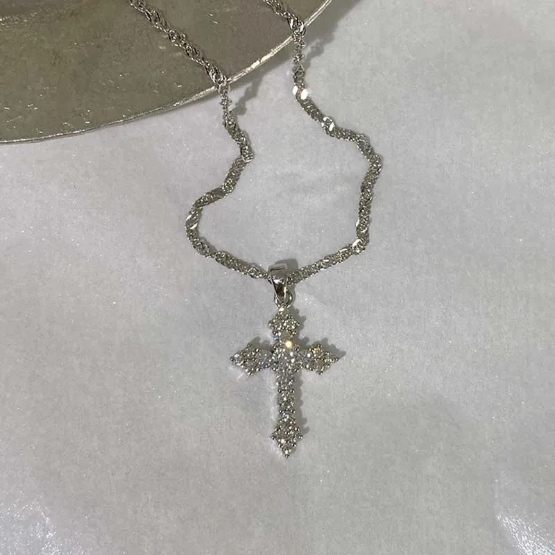Shiny Crystal Zircon Cross Pendant Necklace for Women Girls Punk Silver Color Thin Chain Necklace Party Jewelry Birthday Gift thumbnail 5