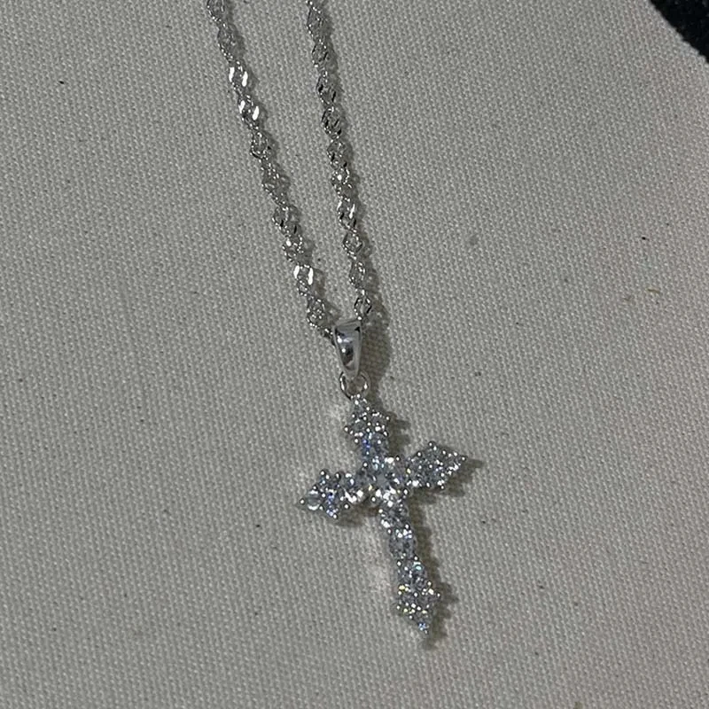 Shiny Crystal Zircon Cross Pendant Necklace for Women Girls Punk Silver Color Thin Chain Necklace Party Jewelry Birthday Gift thumbnail 4