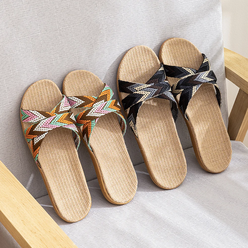 Summer Linen Slippers for Women & Men - Non-Slip Thick Sole House Slides, Quiet Indoor Sandals for Couples/Hotel Bulk thumbnail 3