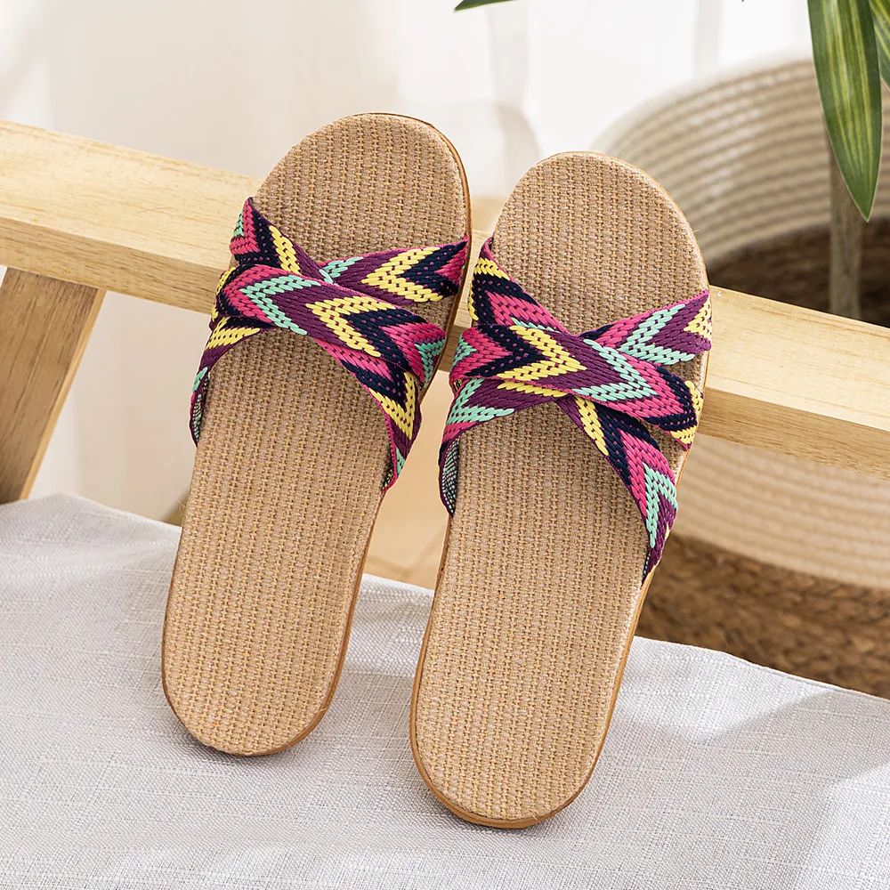 Summer Linen Slippers for Women & Men - Non-Slip Thick Sole House Slides, Quiet Indoor Sandals for Couples/Hotel Bulk thumbnail 2