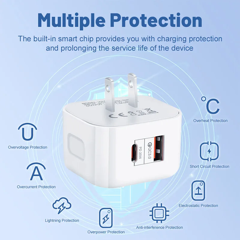 QC3.0 PD20W USB+Type-C Dual Ports Fast Charger Phone Adapter EU/US/UK Plug Wall Charger For iPhone Samsung Huawei Xiaomi/Tablets thumbnail 6