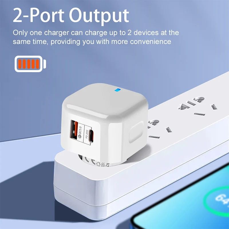 QC3.0 PD20W USB+Type-C Dual Ports Fast Charger Phone Adapter EU/US/UK Plug Wall Charger For iPhone Samsung Huawei Xiaomi/Tablets thumbnail 2