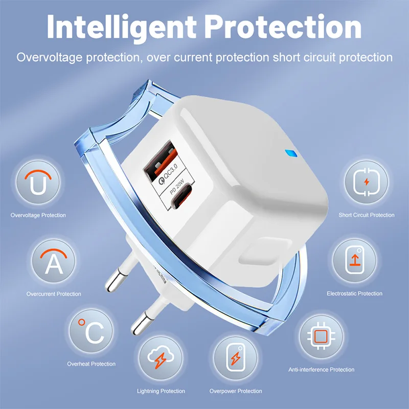 QC3.0 PD20W USB+Type-C Dual Ports Fast Charger Phone Adapter EU/US/UK Plug Wall Charger For iPhone Samsung Huawei Xiaomi/Tablets thumbnail 5