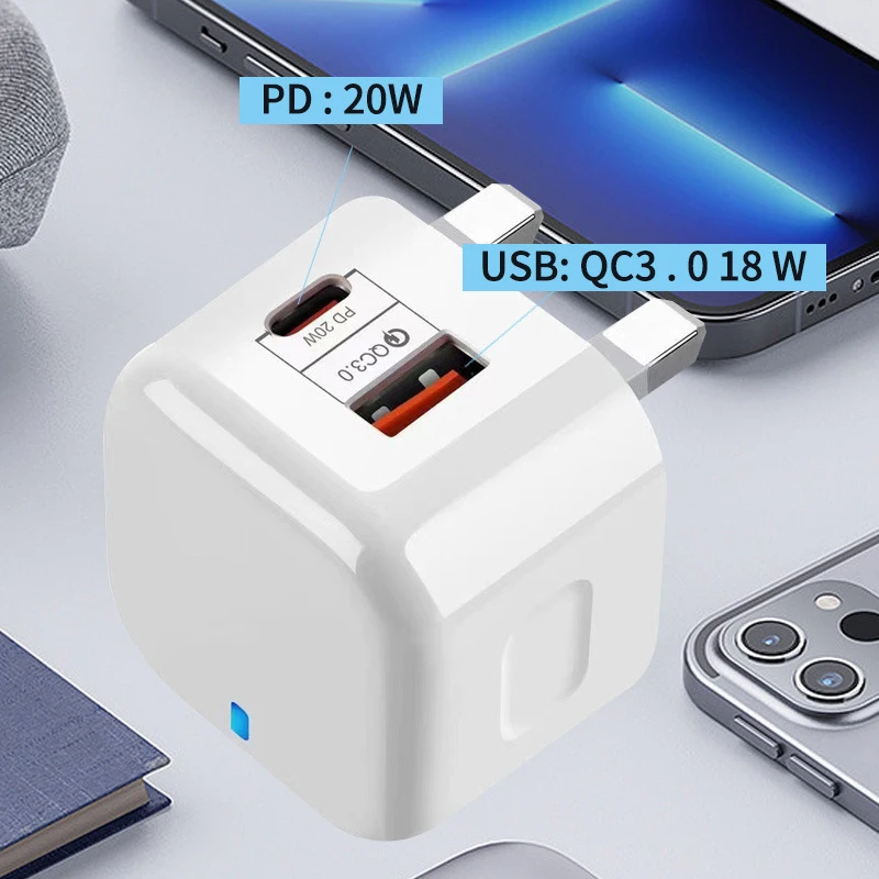 QC3.0 PD20W USB+Type-C Dual Ports Fast Charger Phone Adapter EU/US/UK Plug Wall Charger For iPhone Samsung Huawei Xiaomi/Tablets thumbnail 4