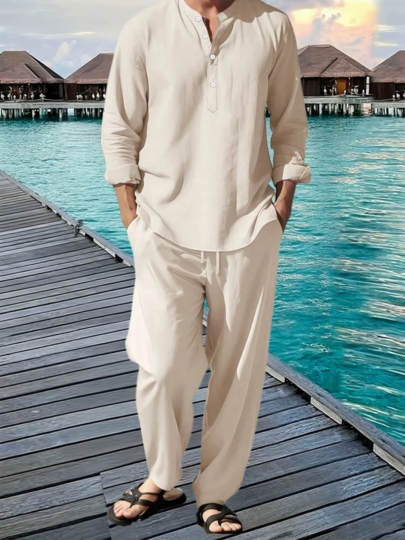 New Long Sleeve Henley Shirt Pants Suit Men Lightweight Breathable Streetwear Solid Color Business Button Polo Shirts Long Pants thumbnail 2