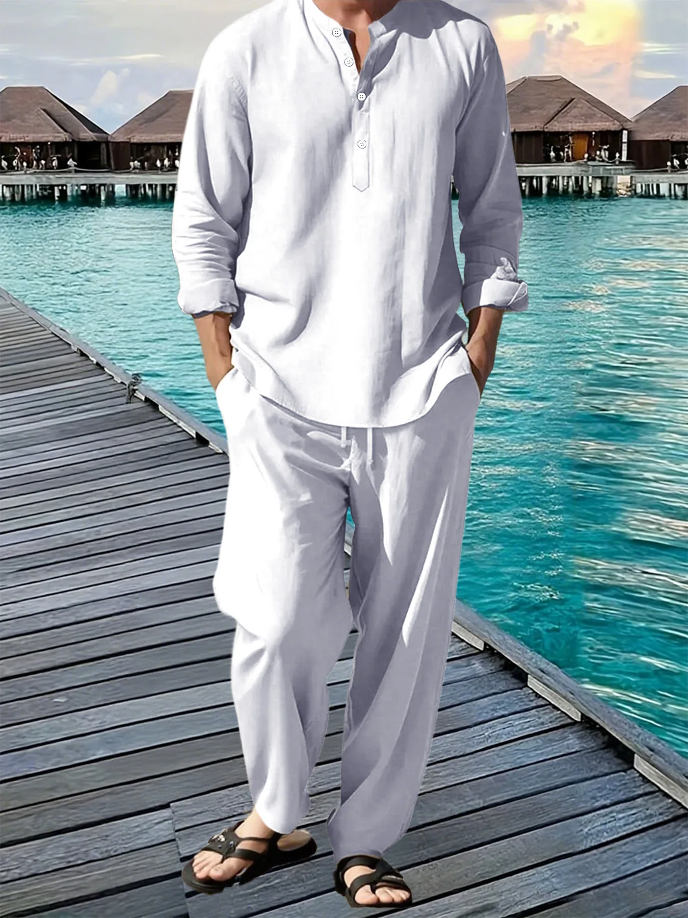 New Long Sleeve Henley Shirt Pants Suit Men Lightweight Breathable Streetwear Solid Color Business Button Polo Shirts Long Pants thumbnail 3