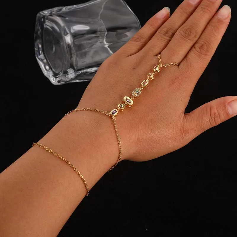 Stainless Steel Colorful Crystal Hand Chain Bracelet For Women Fashion Gold Color Water Drop Finger Bangle Bracelet Hand Jewelry