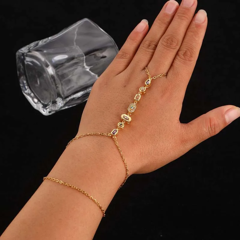 Stainless Steel Colorful Crystal Hand Chain Bracelet For Women Fashion Gold Color Water Drop Finger Bangle Bracelet Hand Jewelry thumbnail 2