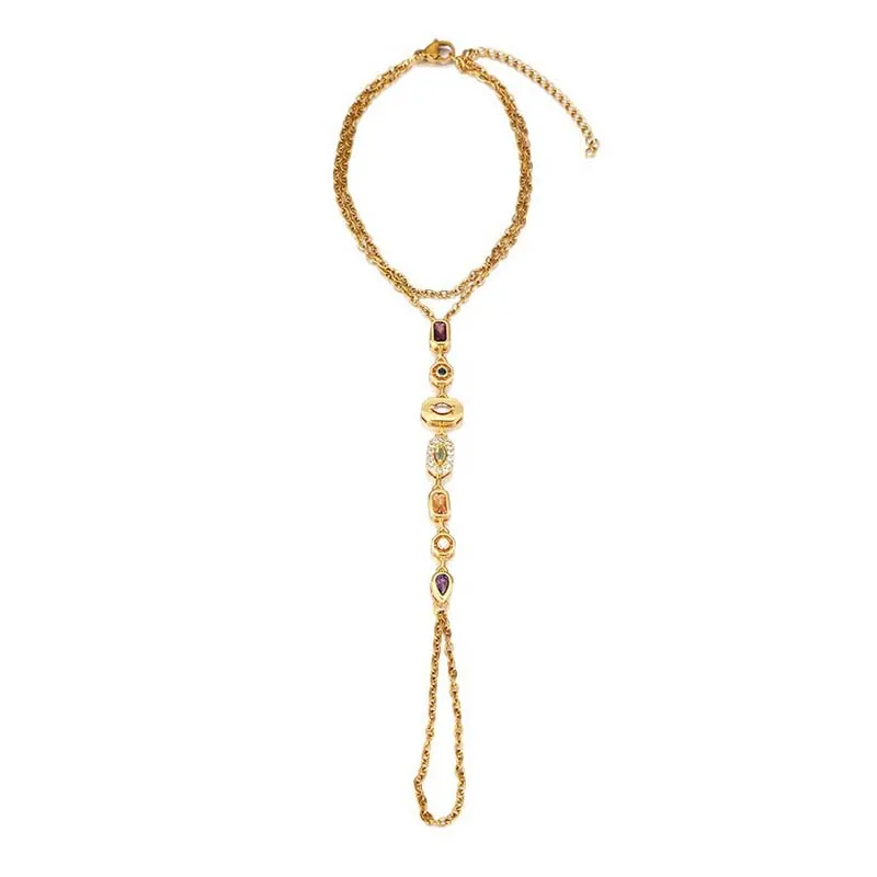 Stainless Steel Colorful Crystal Hand Chain Bracelet For Women Fashion Gold Color Water Drop Finger Bangle Bracelet Hand Jewelry thumbnail 6