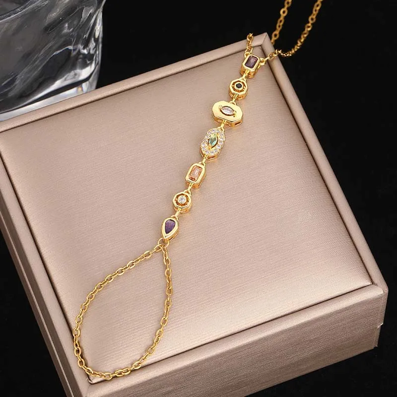 Stainless Steel Colorful Crystal Hand Chain Bracelet For Women Fashion Gold Color Water Drop Finger Bangle Bracelet Hand Jewelry thumbnail 3