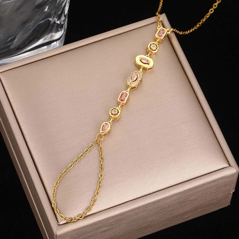 Stainless Steel Colorful Crystal Hand Chain Bracelet For Women Fashion Gold Color Water Drop Finger Bangle Bracelet Hand Jewelry thumbnail 4