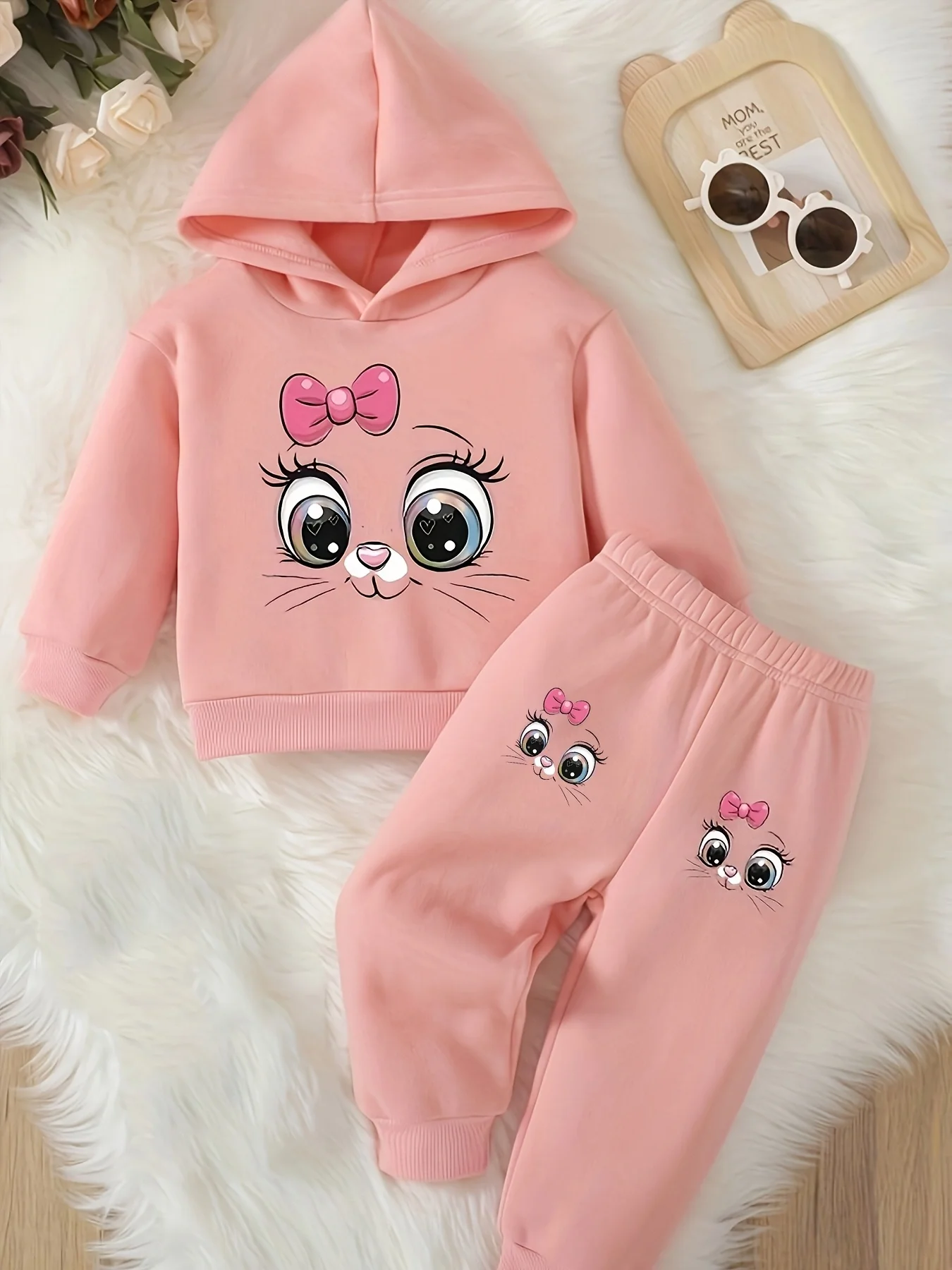 Baby girl cute cartoon cat pattern long sleeved fleece hooded sweatshirt+casual simple pants set, spring and autumn two-piece se thumbnail 3