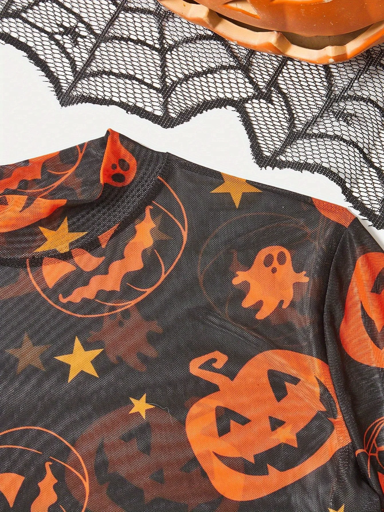 European and American fashion style pumpkin pattern mesh T-shirt thumbnail 4
