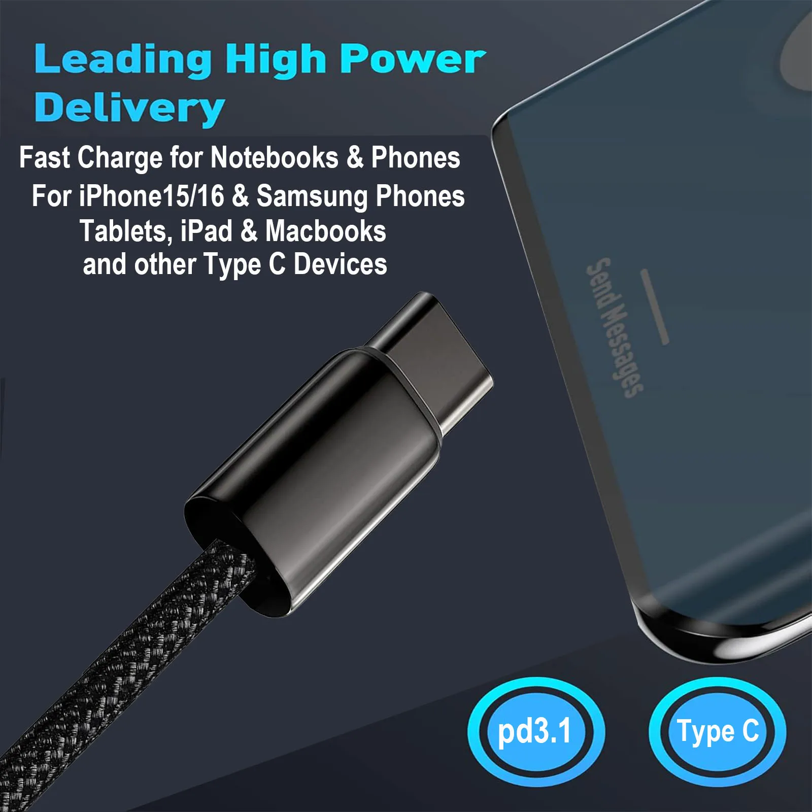 240W/100W PD3.1 Fast Charging Cable for iPhone17/16/15, Samsung S24/23/22, iPad Pro, Macbook Pro, Nylon Braided Durable Cable. thumbnail 3