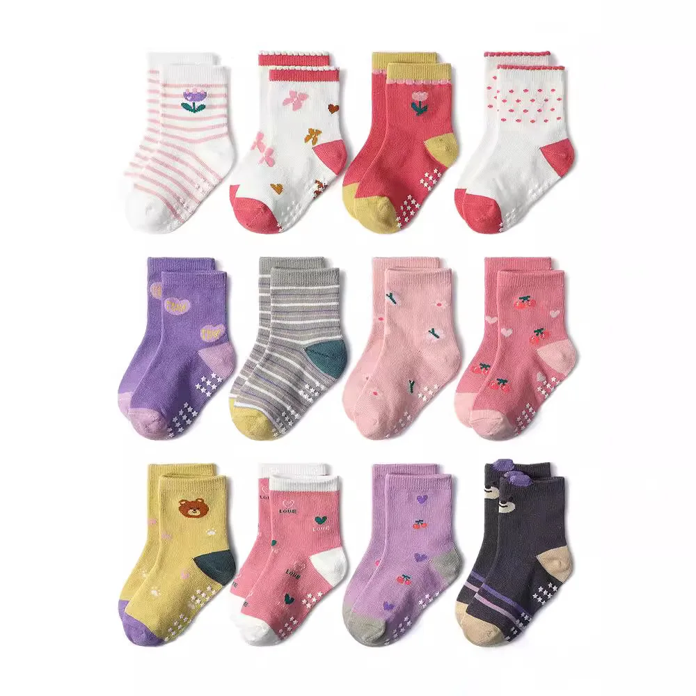 1/3/6/9/12 Pairs Kids Cotton Socks Sets for Baby Girls Non-slip Cute Cartoon Patterned Breathable Baby Trampoline Floor Socks thumbnail 6
