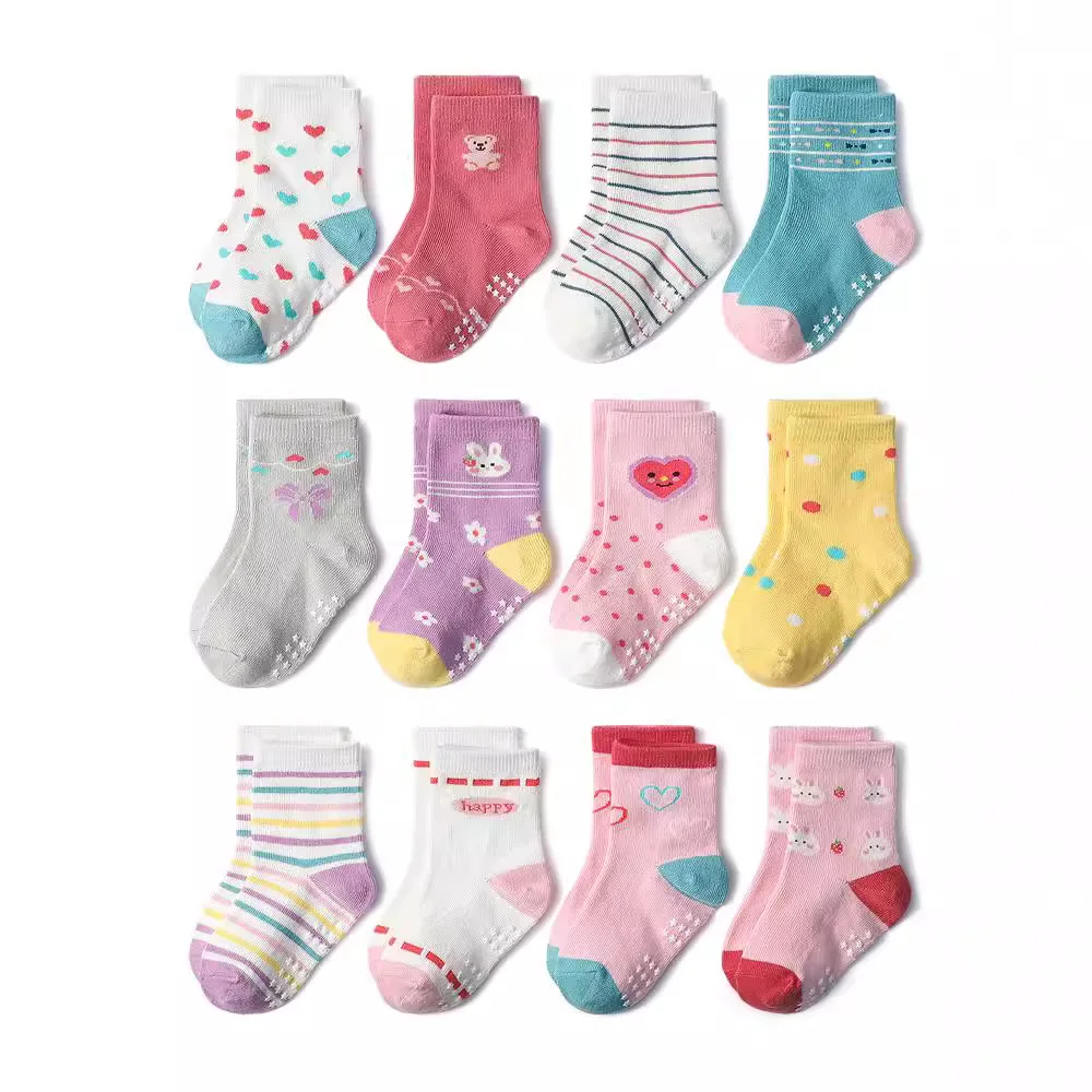 1/3/6/9/12 Pairs Kids Cotton Socks Sets for Baby Girls Non-slip Cute Cartoon Patterned Breathable Baby Trampoline Floor Socks thumbnail 3