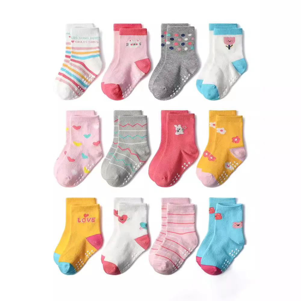 1/3/6/9/12 Pairs Kids Cotton Socks Sets for Baby Girls Non-slip Cute Cartoon Patterned Breathable Baby Trampoline Floor Socks thumbnail 2