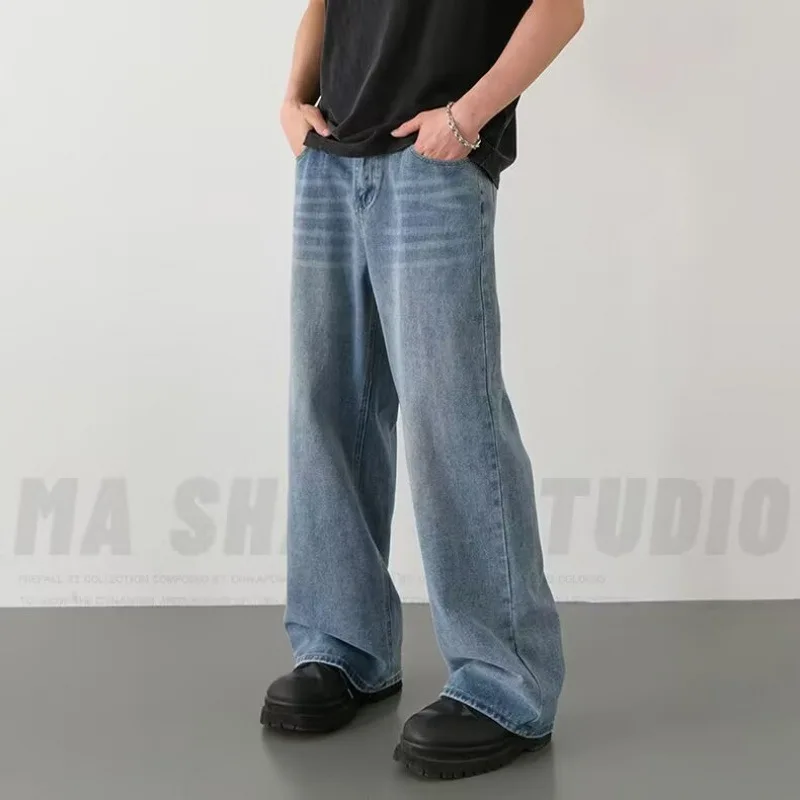 Spring Autumn Men's New Denim Pants Old Blue Washed Casual Jeans Menwear Loose New Fashion contrasting color Wide Leg Trousers thumbnail 3