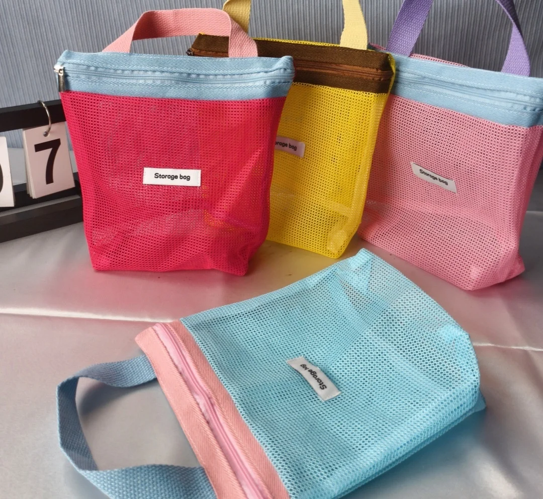 Ins Style Vibrant Bright Color Summer Mesh Tote Bag Small Cosmetic Bag Handbag Foldable Portable Toiletry Bag Women's Beach Bag thumbnail 2