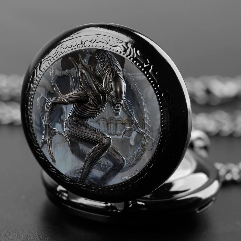 Cool Alien Design Glass Dome Locket Pocket Watch Memento Chain Timepiece Unique Numerals Personalized Gift Reloj De Bolsillo