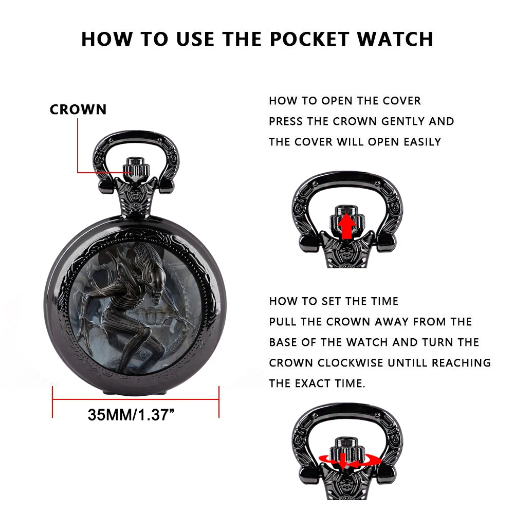 Cool Alien Design Glass Dome Locket Pocket Watch Memento Chain Timepiece Unique Numerals Personalized Gift Reloj De Bolsillo thumbnail 6