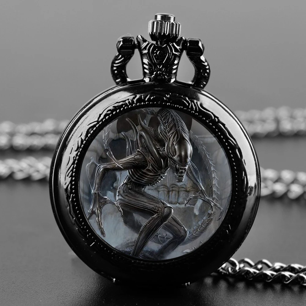 Cool Alien Design Glass Dome Locket Pocket Watch Memento Chain Timepiece Unique Numerals Personalized Gift Reloj De Bolsillo thumbnail 2