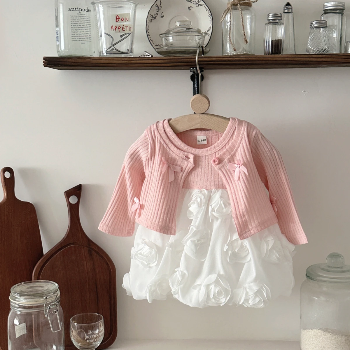 Autumn Newborn Baby Girls Clothing Set Long Sleeve Solid Color Top with Short Sleeved Rose Hem Dress Kid Infant Outfit