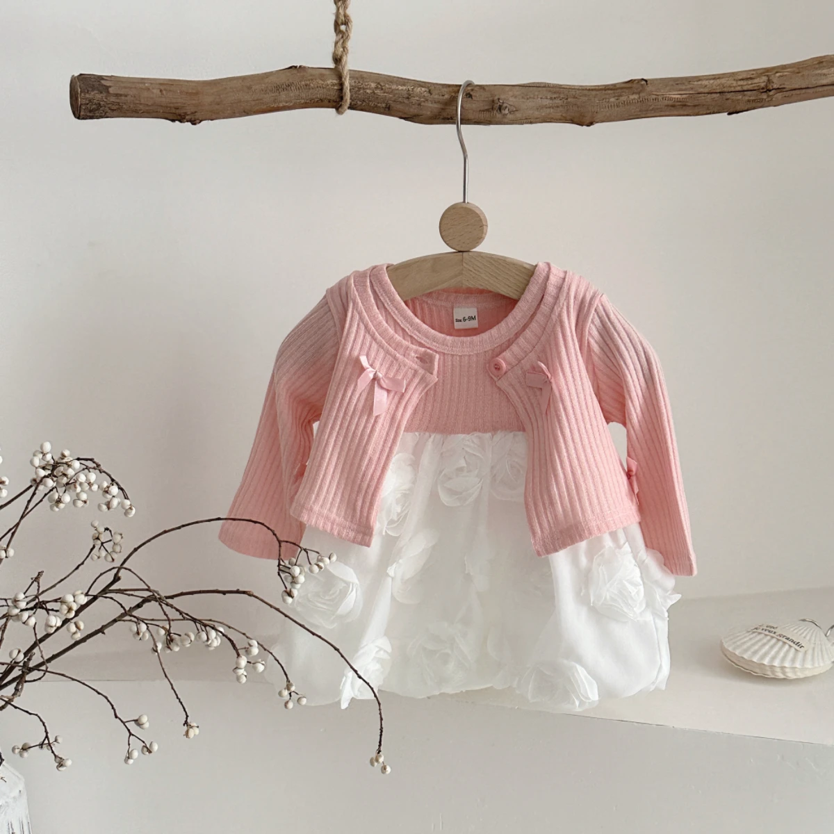 Autumn Newborn Baby Girls Clothing Set Long Sleeve Solid Color Top with Short Sleeved Rose Hem Dress Kid Infant Outfit thumbnail 4