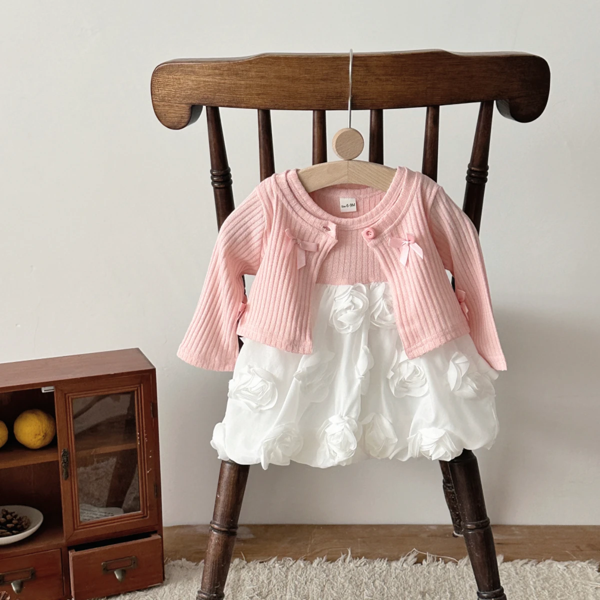 Autumn Newborn Baby Girls Clothing Set Long Sleeve Solid Color Top with Short Sleeved Rose Hem Dress Kid Infant Outfit thumbnail 3