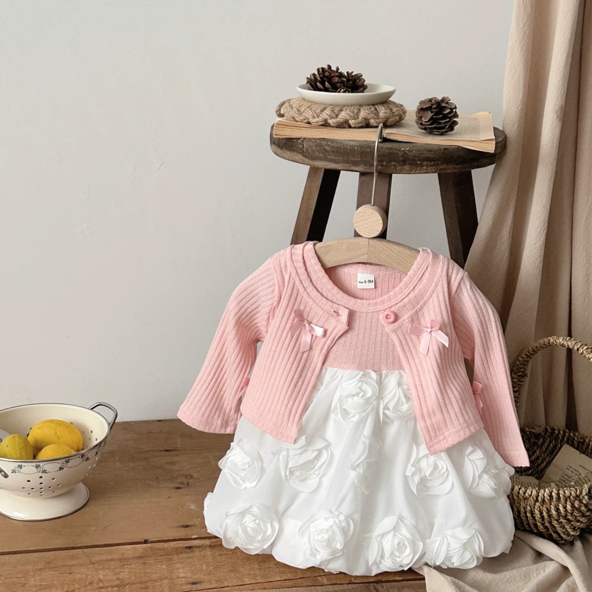 Autumn Newborn Baby Girls Clothing Set Long Sleeve Solid Color Top with Short Sleeved Rose Hem Dress Kid Infant Outfit thumbnail 2