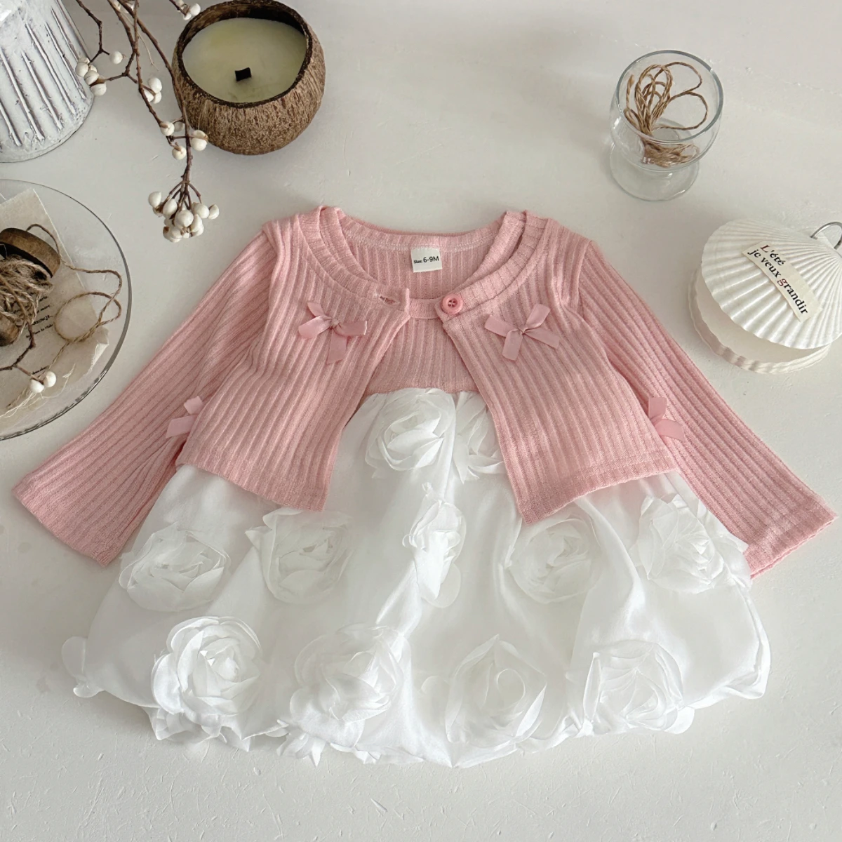 Autumn Newborn Baby Girls Clothing Set Long Sleeve Solid Color Top with Short Sleeved Rose Hem Dress Kid Infant Outfit thumbnail 5