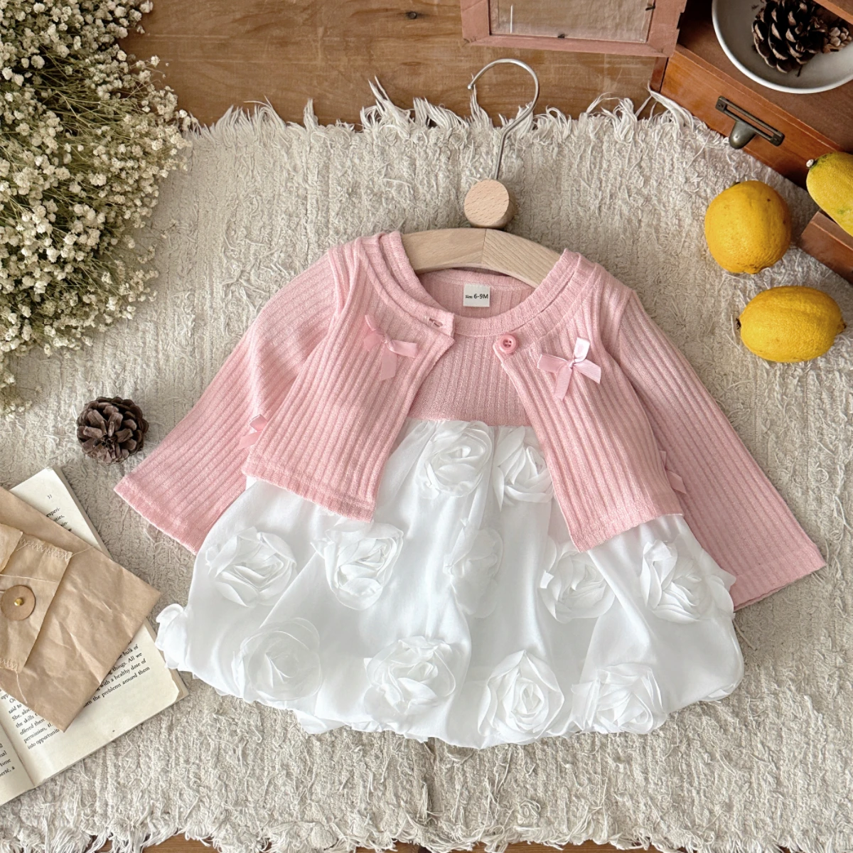 Autumn Newborn Baby Girls Clothing Set Long Sleeve Solid Color Top with Short Sleeved Rose Hem Dress Kid Infant Outfit thumbnail 6