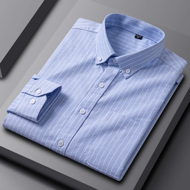 Quality 100% Cotton Oxford Shirts For Men's Long Sleeve Casual Pocket Regular-Fit Button-Down Formal Social Shirt Men Clothing thumbnail 3
