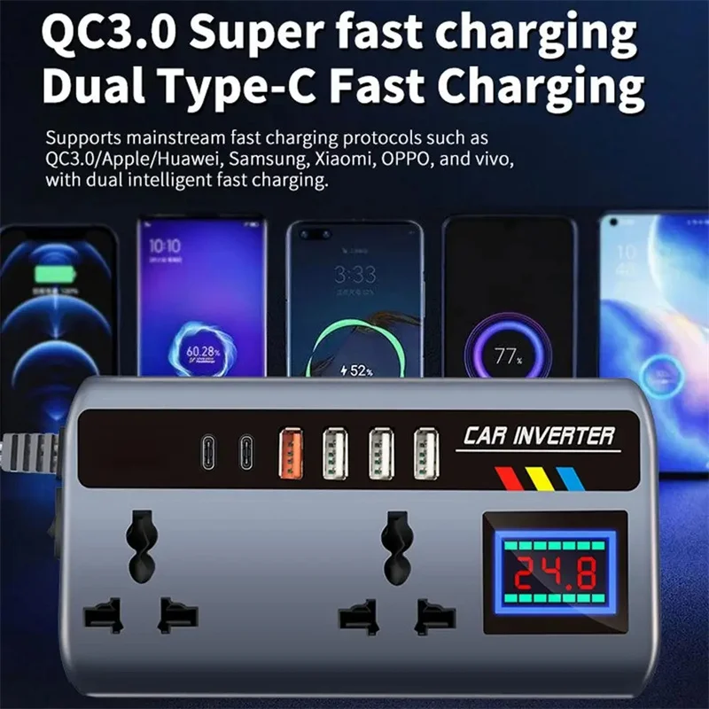 DC 12V/24V to AC 220V 200W Car Inverter PD+QC3.0 Dual Type C+4 USB Ports Phone Charger Cigarette Lighter Power Adapter 9 In 1 thumbnail 2