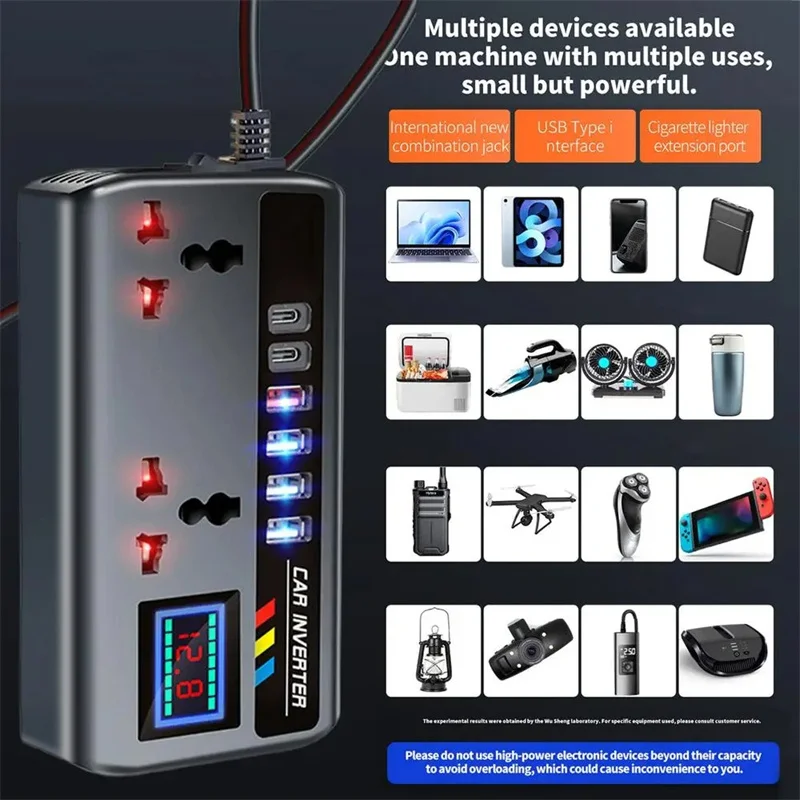 DC 12V/24V to AC 220V 200W Car Inverter PD+QC3.0 Dual Type C+4 USB Ports Phone Charger Cigarette Lighter Power Adapter 9 In 1 thumbnail 5