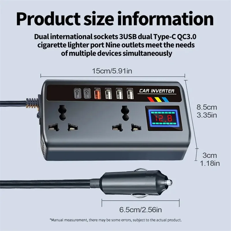 DC 12V/24V to AC 220V 200W Car Inverter PD+QC3.0 Dual Type C+4 USB Ports Phone Charger Cigarette Lighter Power Adapter 9 In 1 thumbnail 6