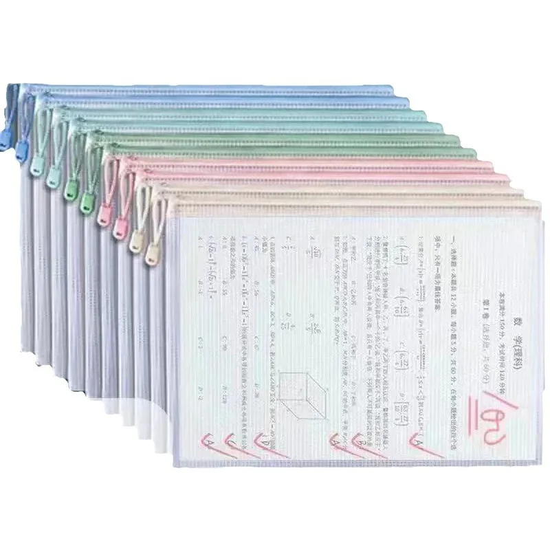 Morandi Grid File Bag Thick A4 Transparent Zipper Pouch Waterproof Exam Document Organizer Stationery Pencil Case for Students