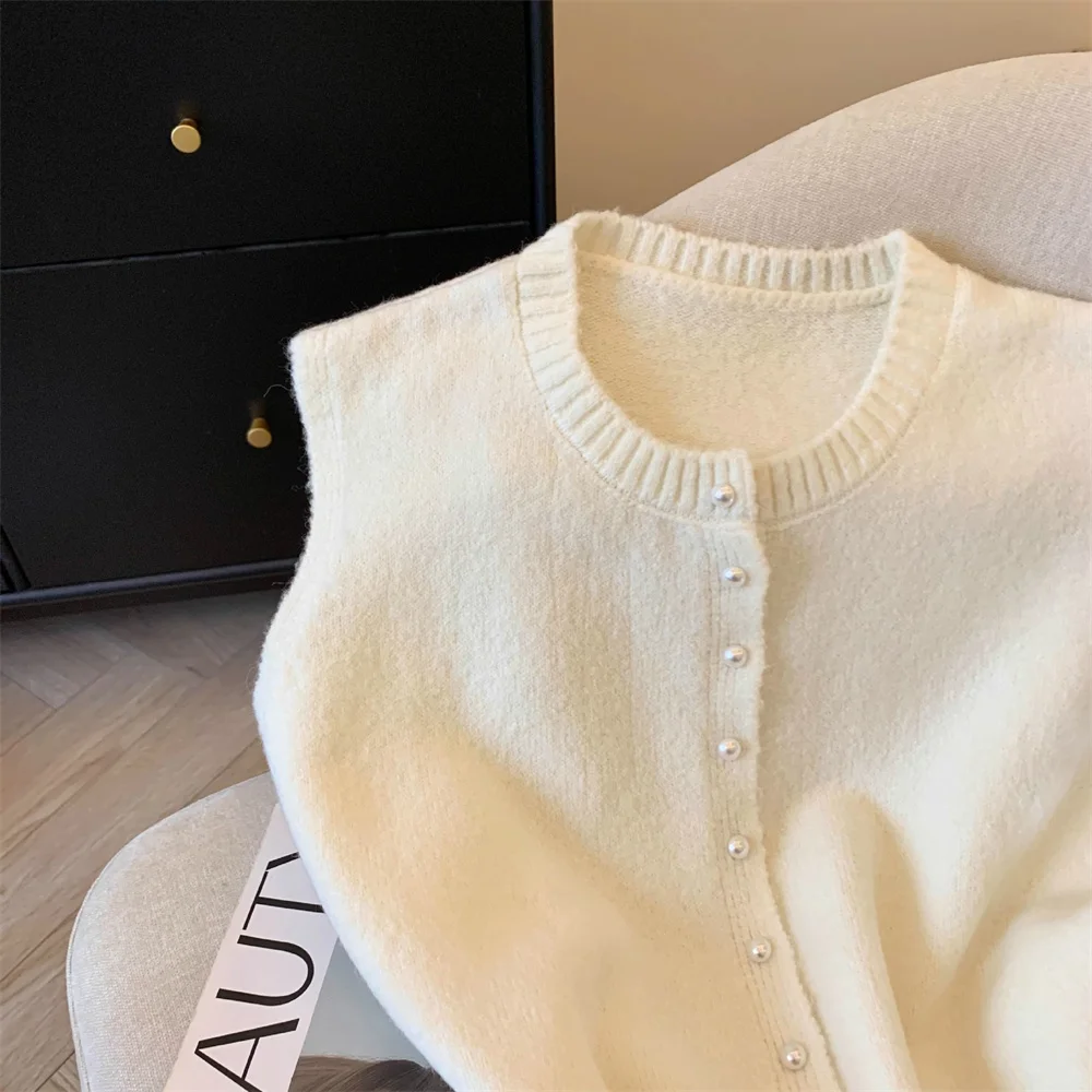 2026 Spring Autumn Korean Sleeveless Sweater Vest Round Neck Cardigan Simple Knit Waistcoat Comfortable Women's Clothing Top thumbnail 5