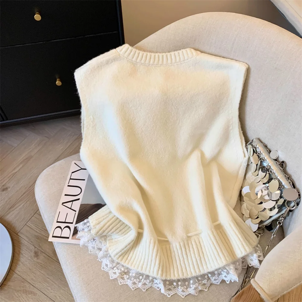 2026 Spring Autumn Korean Sleeveless Sweater Vest Round Neck Cardigan Simple Knit Waistcoat Comfortable Women's Clothing Top thumbnail 4
