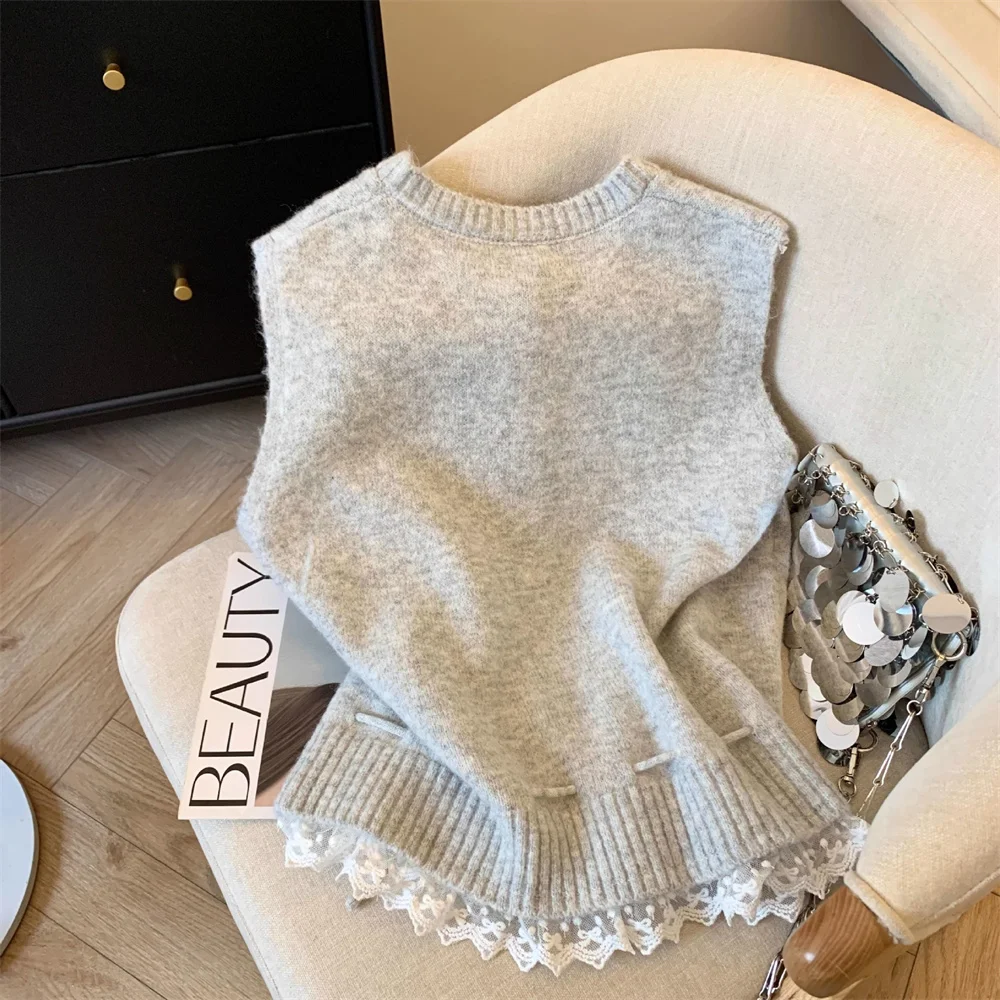 2026 Spring Autumn Korean Sleeveless Sweater Vest Round Neck Cardigan Simple Knit Waistcoat Comfortable Women's Clothing Top thumbnail 6
