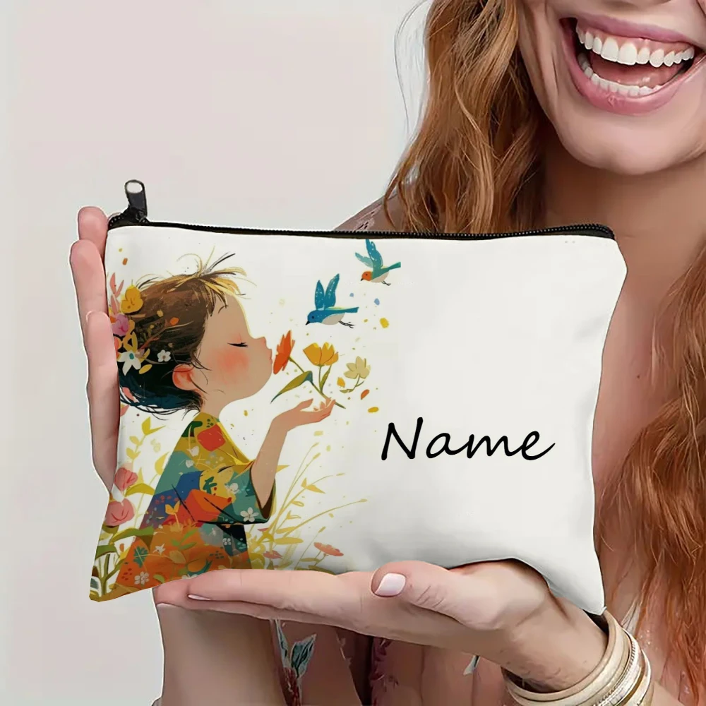 Custom Name Vintage Cute Girl Pattern Makeup Bag Handbag Toiletry Bag Pencil Case Holiday Gift Cosmetic Bag thumbnail 4