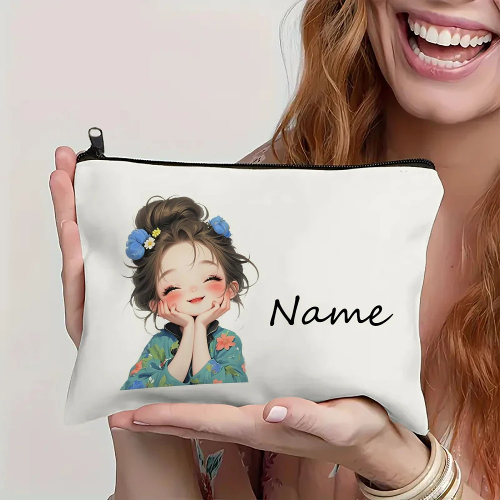 Custom Name Vintage Cute Girl Pattern Makeup Bag Handbag Toiletry Bag Pencil Case Holiday Gift Cosmetic Bag thumbnail 3