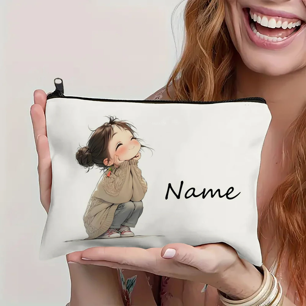 Custom Name Vintage Cute Girl Pattern Makeup Bag Handbag Toiletry Bag Pencil Case Holiday Gift Cosmetic Bag thumbnail 2