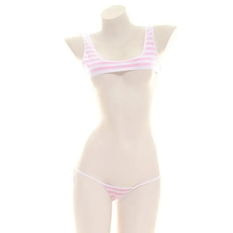 2025 Blue White Stripe Bikini Swimsuit Striped Halter Micro Bikini Set Lolita Kawaii Swimsuit Backless String Tied Bathing Suit thumbnail 2