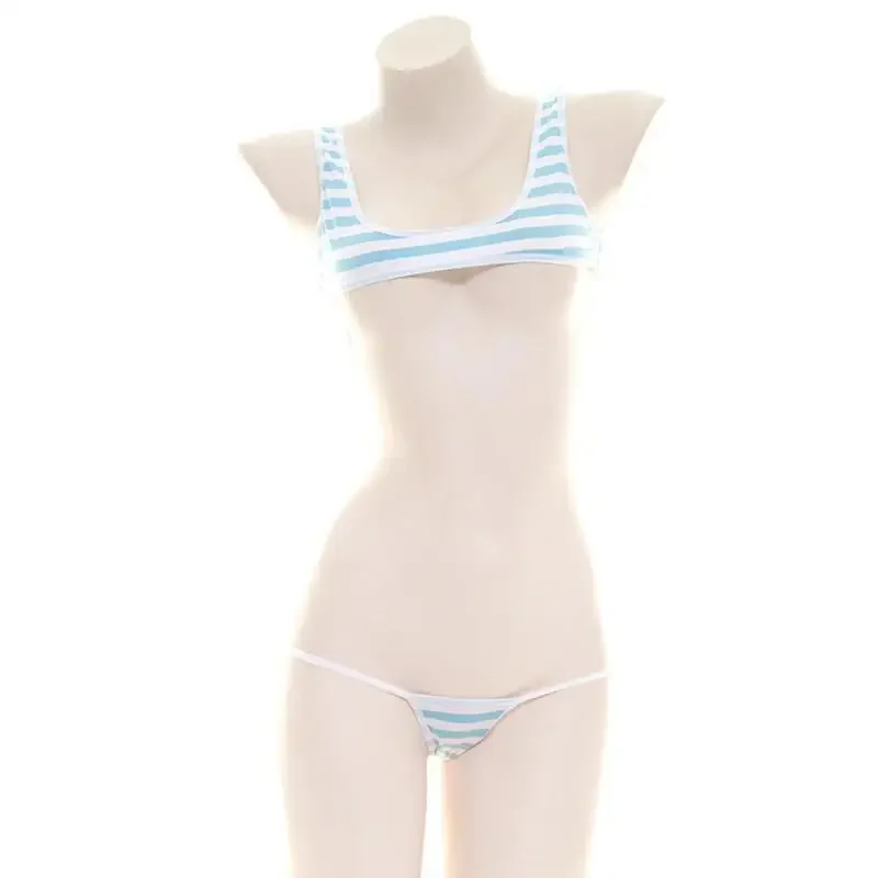 2025 Blue White Stripe Bikini Swimsuit Striped Halter Micro Bikini Set Lolita Kawaii Swimsuit Backless String Tied Bathing Suit thumbnail 3