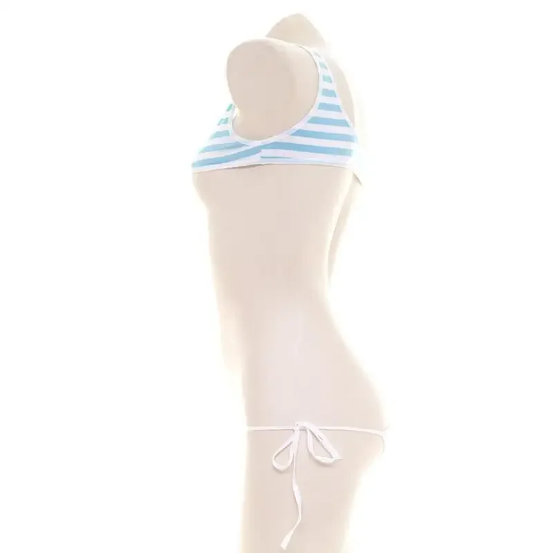 2025 Blue White Stripe Bikini Swimsuit Striped Halter Micro Bikini Set Lolita Kawaii Swimsuit Backless String Tied Bathing Suit thumbnail 4
