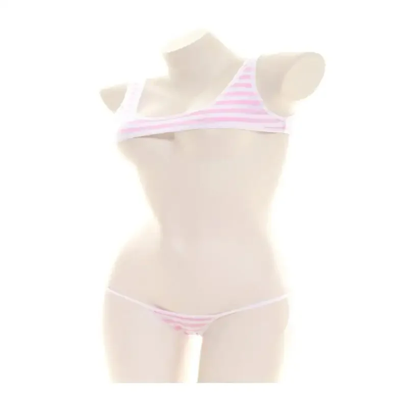 2025 Blue White Stripe Bikini Swimsuit Striped Halter Micro Bikini Set Lolita Kawaii Swimsuit Backless String Tied Bathing Suit thumbnail 6